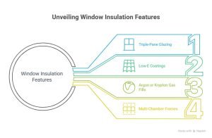 Infographic of window insulation features highlighting triple-pane glazing, Low-E coatings, argon or krypton gas fills, and multi-chamber frames for maximum energy efficiency in Vaughan homes.