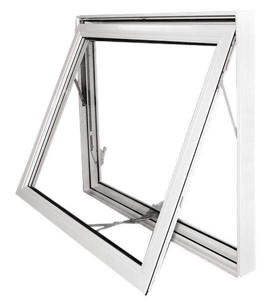 Top-Hinged Awning Window with Crank Handle – White Frame White awning window partially open, showing top-hinged design and smooth crank operation for ventilation.