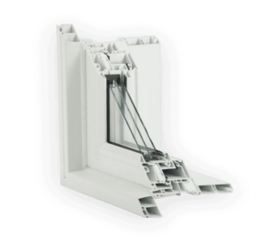 Vinyl window frame cross-section showing triple-pane insulated glass unit with energy-efficient design.