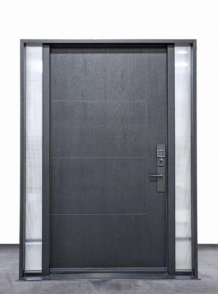 Sleek Black Entry Door with Frosted Glass Sidelights and Smart Lock System Modern black front entry door with vertical frosted glass sidelights and smart lock handle.