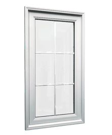 White fixed picture window with six-pane grid design and a clear outside view.