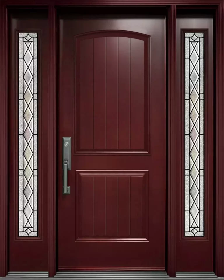 Elegant Mahogany Front Door with Decorative Glass Sidelights Rich mahogany-colored front entry door with vertical panels and decorative glass sidelights featuring a geometric stained glass design.