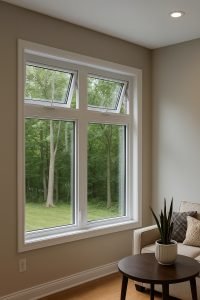 Interior view of modern Toronto home featuring white vinyl awning windows above fixed panes, ideal for ventilation and energy efficiency in modern homes.