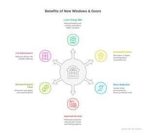 Infographic showing benefits of new window & door installation including energy savings, comfort, noise reduction, security, low maintenance, and home value.
