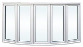Elegant Five-Panel Bow Window for Panoramic Outdoor Views Five-panel white bow window with large glass panes, creating a curved exterior projection.