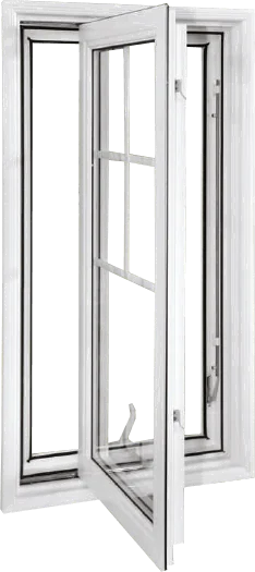 Energy-Efficient White Casement Window with Classic Grid Design White casement window partially opened outward with grid detailing and a crank handle.