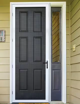 Durable Black Security Storm Door with Full-View Screen and White Frame Black security storm door with a full-view screen and white frame, installed in front of a traditional entry door with a sidelight.