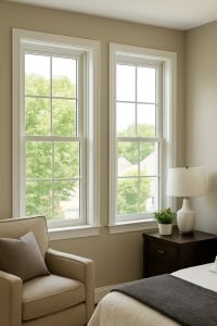 Bright bedroom in a modern Toronto home featuring double-hung vinyl windows with white frames, offering classic style and energy efficiency.
