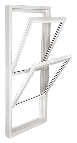 Double-Hung Tilt-In Window with Dual Sashes for Easy Cleaning White double-hung window with both upper and lower sashes tilted inward for easy access and maintenance.