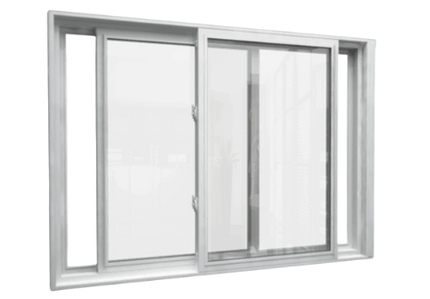 Dual-Sash Sliding Vinyl Window with Clear Glass White sliding window with dual horizontal sashes and clear glass panes in a modern vinyl frame.