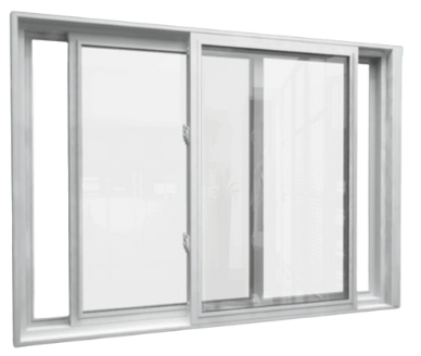 White vinyl sliding window with two clear glass panels and a smooth-glide horizontal opening.