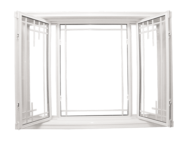 White bow window with dual casement panels and modern geometric grille design, open to showcase ventilation and panoramic view.