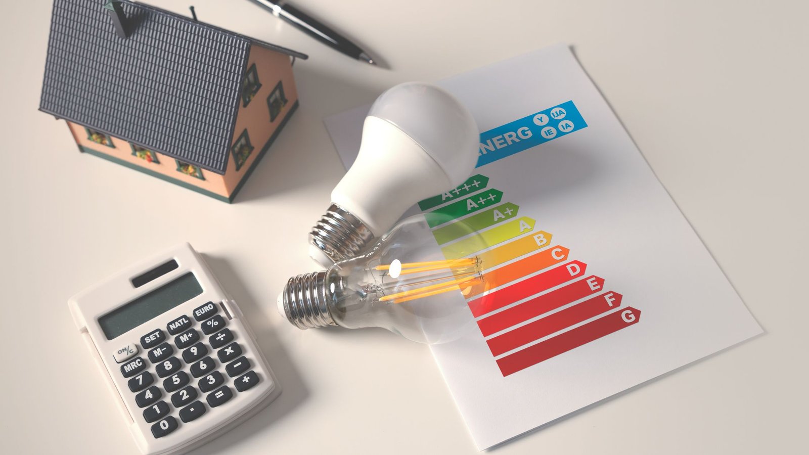 Energy-Efficient Windows concept with energy rating chart, LED light bulbs, calculator, and house model symbolizing energy savings for Ontario homes