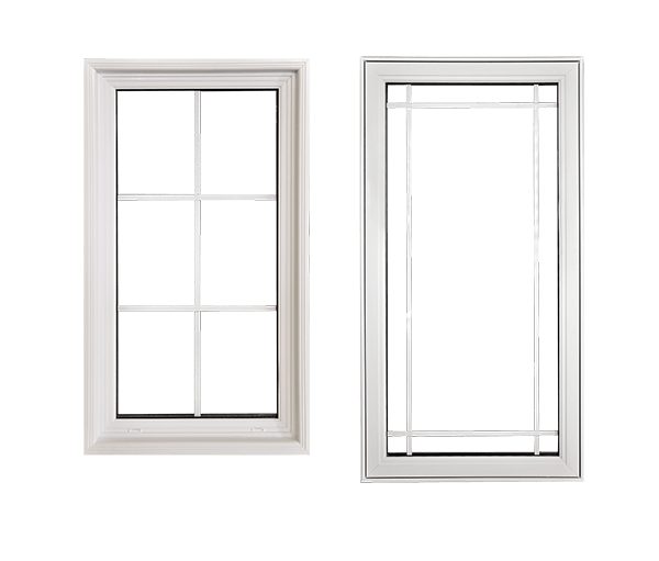 Two white window frames showcasing different internal grid patterns—one with a classic six-pane design and the other with a more modern vertical grid layout.