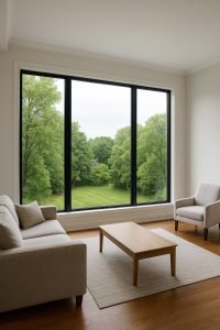 Spacious living room in a modern Toronto home featuring large black-frame fixed and picture windows offering natural light and unobstructed outdoor views.