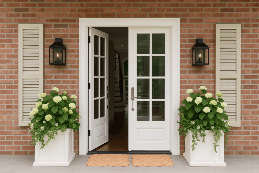 Elegant White French Entry Doors with Glass Panels and Brick Exterior Classic white French double entry doors with glass panels, framed by brick exterior, beige shutters, and black lantern sconces, flanked by planters with blooming hydrangeas.
