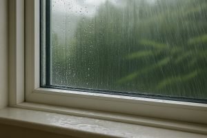 Rainwater leaking through a modern window during a storm, with water pooling on the interior windowsill, common sign of leaky windows after heavy rain.