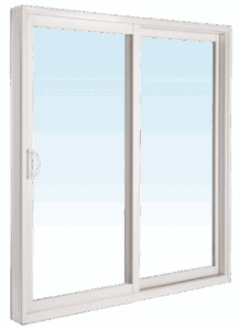 Modern White Sliding Glass Patio Door for Home Exteriors White sliding glass patio door with clear dual panels and a handle on the left side, isolated on a blue background.