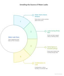 Infographic showing signs of water leaks not caused by windows, including water stains above window, leaks during windy rain, damp drywall, and condensation.