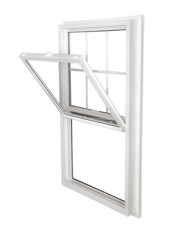 Tilt-In Double-Hung Window with Grid Design for Easy Cleaning White double-hung window with a tilt-in sash design for easy cleaning and ventilation, featuring a classic six-pane grid pattern.