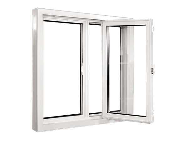 Single Pane Sliding Window White vinyl single-pane sliding window shown open, with a slim frame and smooth glide track.