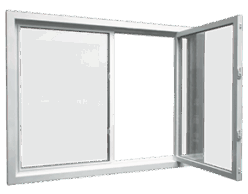 Modern Horizontal Slider Window with Right-Opening Panel Horizontal sliding window with one panel fully opened to the right, white frame design.