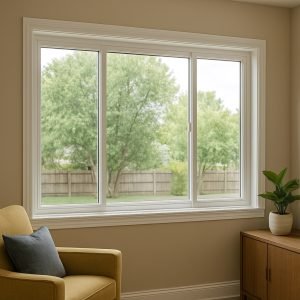 Cozy Toronto home interior with white-frame horizontal slider windows, showcasing modern design, smooth operation, and outdoor garden views.