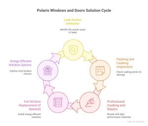 Infographic showing Polaris Windows and Doors’ solution cycle for leaky windows after heavy rain, including leak detection, caulking, and window replacement.
