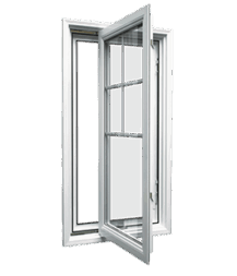 Energy-Efficient Casement Window with Multi-Pane Glass Design White casement window partially open, showing multi-pane glass and modern frame.