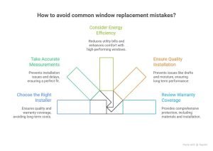 Infographic showing how to avoid common window replacement mistakes in Vaughan, including choosing the right installer, accurate measurements, energy efficiency, quality installation, and reviewing warranty coverage.