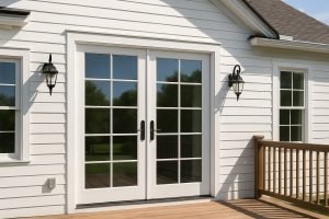 White French patio doors with glass grids opening to a wooden backyard deck in a GTA home