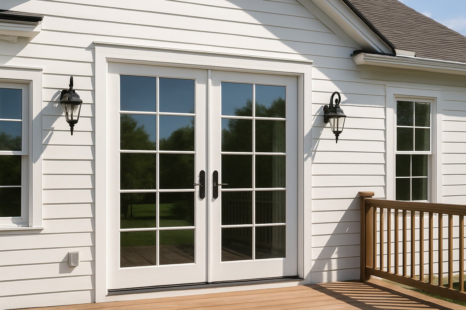 french-doors White French patio doors with glass grids opening to a wooden backyard deck in a GTA home