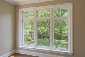 Bright indoor space with new vinyl windows overlooking a backyard, showing how new windows improve indoor air quality in Ontario homes.