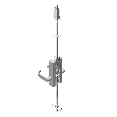 Multipoint door locking system with vertical rods and central latch for enhanced door security and weather sealing.