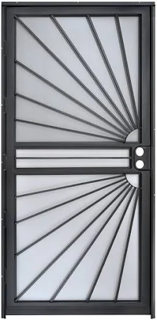 Black steel security screen door with sunburst design, offering decorative protection and enhanced home security for Toronto entrances.