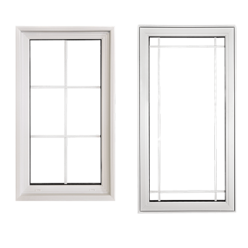 Fixed vinyl windows with and without grille design – stylish non-opening windows for GTA homeowners. Two fixed vinyl windows, one with decorative grilles and one without, designed for enhanced natural light and energy efficiency in Toronto homes.