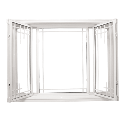 Casement window with grille inserts – energy-efficient and stylish window upgrade for GTA homeowners. White casement window fully opened with decorative grilles, offering excellent ventilation and modern style for Toronto-area homes.