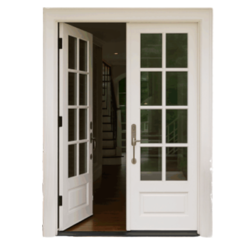 French door installation with glass inserts – classic double door style for Toronto homes. Elegant white French doors with glass panels installed at home entry, ideal for front or patio door upgrades in GTA homes.