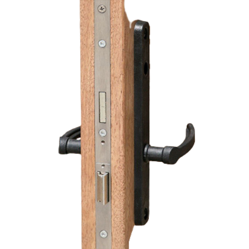 Multipoint door lock system for front and patio doors – secure door hardware installation in the Greater Toronto Area. Close-up of multipoint locking system installed on a wooden entry door, enhancing home security across GTA installations.