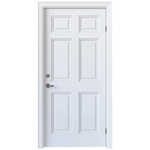 Durable steel front entry door with six-panel design – energy-efficient door installation in the Greater Toronto Area. Six-panel white steel entry door with modern hardware, ideal for secure front door replacement in Toronto-area homes.