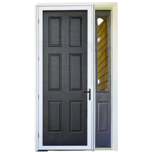 Durable screen door installation over entry door – energy-saving and secure door solution in Toronto homes. Black screen door over six-panel entry door with sidelight, installed for ventilation and added security in GTA homes.