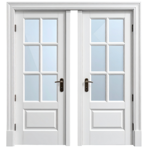 White French doors with glass panels and dual handles, ideal for front entry or patio door replacement in Toronto homes.