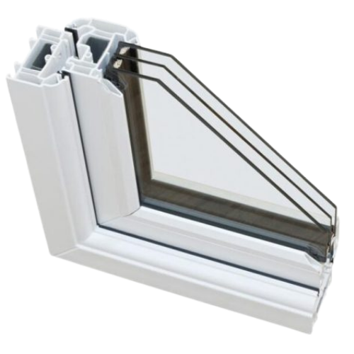 Triple-glazed vinyl window with multi-chambered frame for superior insulation. Triple-pane vinyl window cross-section showing insulated glass layers and energy-efficient PVC frame.